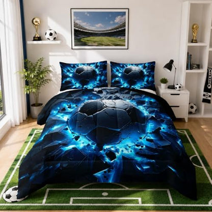 Nttopship Soccer Bedding Comforter Set Twin Size for Kids Teens and Adults, Blue Black Football Printed Bedding Sets 3 PCS,Ball Sports Themed Bedroom Decor with 1 Comforter and 2 Pillowcases