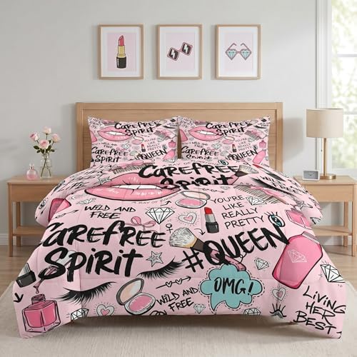 Pamnest King Comforter Set, 3 Pieces Makeup Pink Bedding, All Season
