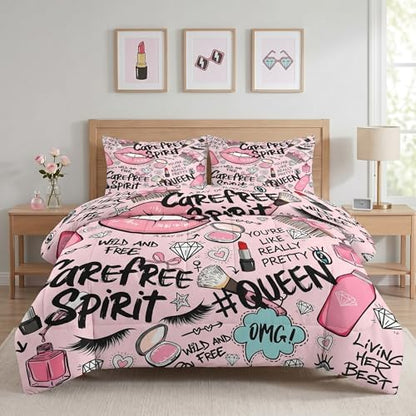 Pamnest King Comforter Set, 3 Pieces Makeup Pink Bedding, All Season