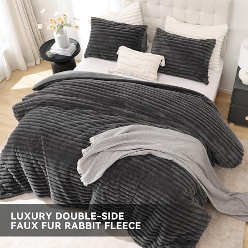 Smoofy Fluffy Twin Size Comforter 2 PCS - Dark Grey Fleece Bedding Set