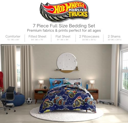 Monster Trucks x Hot Wheels Bedding Set, Full Size 7 Piece Set Kids Super Soft Cozy Reversible Comforter and Sheet Set with Sham, (100% Officially Licensed Product) by Franco