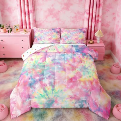 Erosebridal Kids Tie Dye Comforter Set, Bohemian Batik Down Comforter Twin Size, Boho Psychedelic Bedding Comforters for Children Girls Boys Teens Bedroom, Trippy Tattoo Watercolor Quilted Duvet