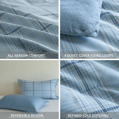Blue Plaid Comforter Set 3 Pieces - 100% Cotton Grid Gingham Pattern Reversible Comforter Queen Size, Soft and Hypoallergenic Bedding Set
