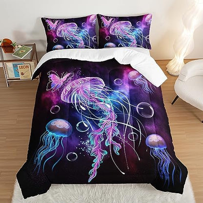 HOSIMA Jellyfish Printed Twin Comforter Ocean Theme Bedding Set 3 Piece,Universe Starry Sky Comforter Twin Bed in a Bag Galaxy Bedding Room Decor Butterfly Comforter for Kids Teens Adult.