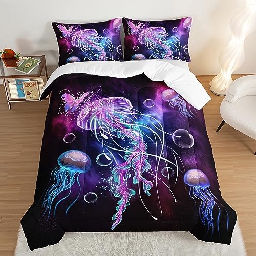 HOSIMA Jellyfish Printed Comforter Ocean Theme Bedding Set 3 Piece,Universe Starry Sky King Size Comforter Set Galaxy Bedding Room Decor Butterfly Comforter for Kids Teens Adult.