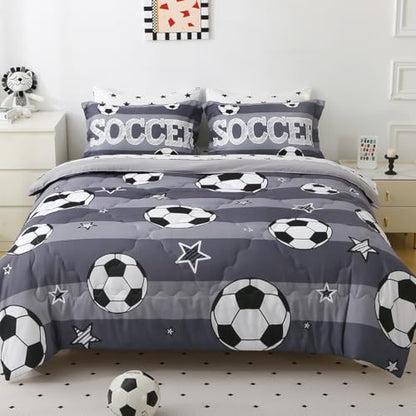 Boys Sports 7 Piece Soccer Comforter Set Twin Size 3D Football Playground Bedding Set for Kids Bed Set Gray(Comforter,Flat Sheet,Fitted Sheet and Pillow Sham)