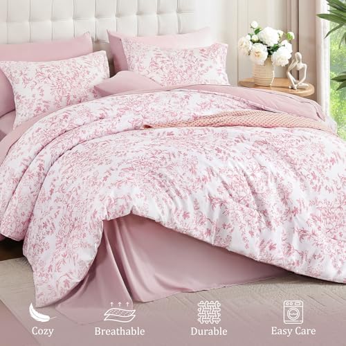 WONGS BEDDING Queen Size Comforter Set, 8 Pieces Pink Floral Bed in a Bag Comferter Sets, Botanical Print Soft Fluffy Microfiber Complete Bedding Sets for All Season (90"x90")