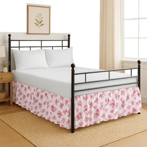 Mattress-Homes Printed Ruffled Bed Skirt Split Corners with Platform Tailored Fit Wrinkle Free Ultra-Soft Microfiber Dust Ruffle Queen 14" Drop Floral Pink