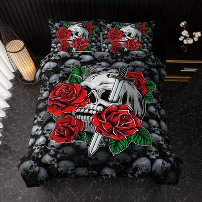 Nttopship Skull Comforter Red Floral Bedding Set，Comforter Set Twin Size, Gothic Skull Print Down Comforter Vintage Flower Rose Comforter Set with Pillowcase, for Bedroom Bed Decor