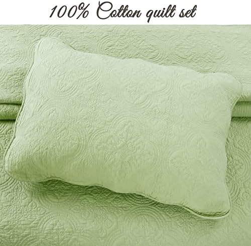 Cozy Line Home Fashions 100% Cotton Medallion Matelasse Embossed Bedding Quilt Set, Reversible Lightweight Bedspread, Coverlet for All Season (Blantyre - Green, Queen - 3 piece)