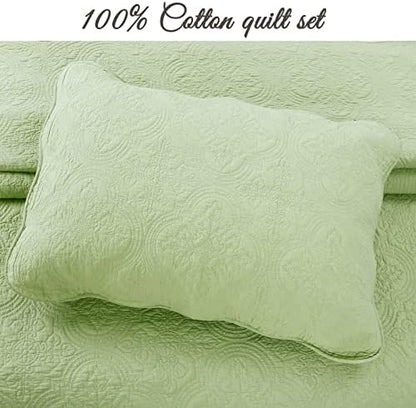 Cozy Line Home Fashions 100% Cotton Medallion Matelasse Embossed Bedding Quilt Set, Reversible Lightweight Bedspread, Coverlet for All Season (Blantyre - Green, Queen - 3 piece)