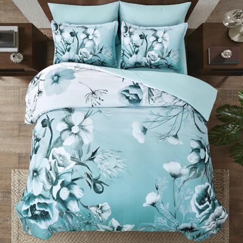 Luxudecor Floral Comforter Set Twin Size 7 Piece, Aqua Flower Bed in a Bag, Elegant Gradient Floral Comforter with Sheet Set, Soft Seersucker Microfiber Bedding Set for All Season (Aqua, 68"x86")