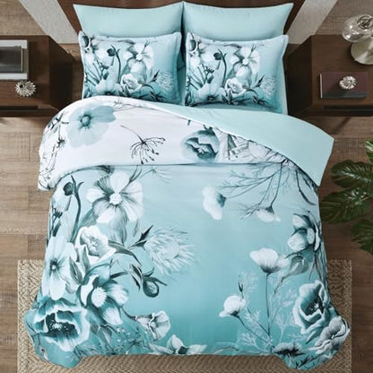 Luxudecor Floral Comforter Set Queen Size 7 Piece, Aqua Flower Bed in a Bag, Elegant Gradient Floral Comforter with Sheet Set, Soft Seersucker Microfiber Bedding Set for All Season (Aqua, 90"x90")