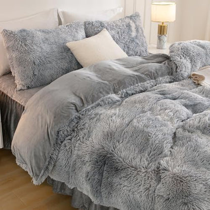 Andency Tie-Dyed Gray White King Size Comforter Set, Fluffy Bedding Set
