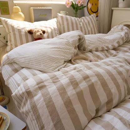 LifeTB Vintage Striped Comforter Set Full Size, 3 Piece Brown White Stripes Pattern Printed Comforter with 2 Pillowcases, Soft Breathable Khaki Striped Bedding Comforter Farmhouse Full Comforter Set
