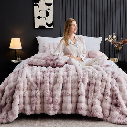 Wonderful - 3 Pieces Faux Rabbit Fur Comforter Set King Size, Purple Pink Tie Dye Plush Bedding Set, 3D Sculpted Bubble Warm Fluffy Comforter for Winter
