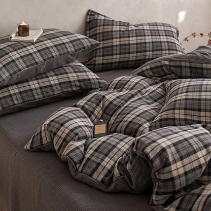 Vintage Grey Plaid Duvet Cover Gingham Bedding Set Twin 100% Cotton Muslin Duvet Cover Like Linen Feel Soft Comfy Grey Plaid Grid Checkered Comforter Cover Breathable Grid Farmhouse Dorm Bedding Set