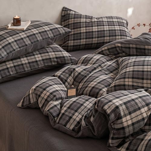 Vintage Grey Plaid Duvet Cover Queen 100% Cotton Muslin Gingham Duvet Cover Retro Grey Plaid Checkered Grid Bedding Set Breathable Linen Like Gauze Comforter Cover Farmhouse Gingham Bedding Set