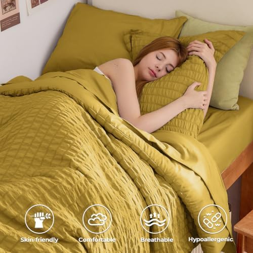 HYMOKEGE Mustard Yellow Twin XL Comforter Set Seersucker 5 Pieces, All Season Luxury Bed in a Bag for Bedroom, Bedding Set with Comforter, Sheets, Pillowcase & Sham