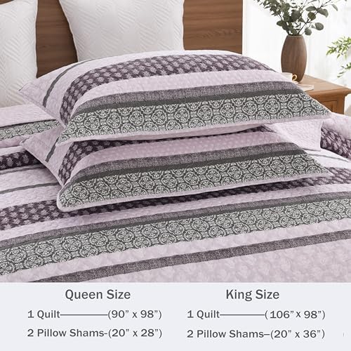 Homzard King Size Comforter Set, Cotton Quilt, Purple and Grey Bedding Set, Lightweight Striped Bedspread, Reversible Coverlet King Size (106"X98") with 2 Pillow Shams All Season