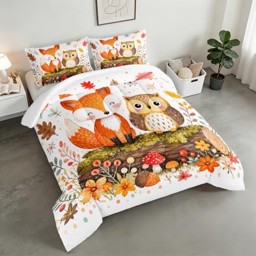 Cute Woodland Fox Owl King Size Comforter Set with 2 Pillowcases.