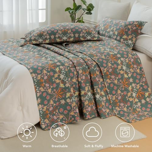 Lady Ann Oversized King Quilt Set, Vibrant Paisley Flowers Pattern Plant Botanical Printed Quilted 3 PCS 118x106 Bedspread Set,Ultra Soft 100% Cotton Coverlet with Pillow Shams,