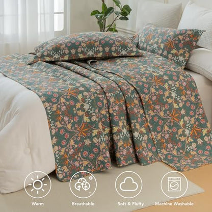 Lady Ann Oversized Queen Quilt Set, Vibrant Paisley Flowers Pattern Plant Botanical Printed Quilted 3 PCS 102x118 Bedspread Set, Ultra Soft 100% Cotton Coverlet with Pillow Shams,