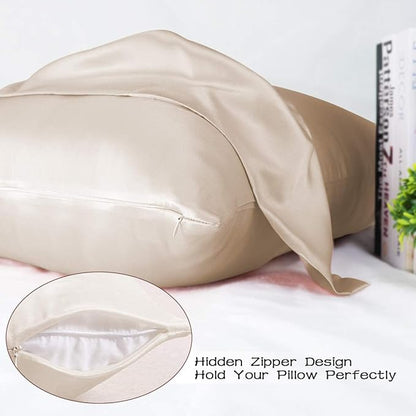 Adubor Silk Pillowcase 2 Pack for Hair and Skin with Hidden Zipper, Both Sides 23 Momme Silk Pillow Case (Beige, Standard: 20''x26'')