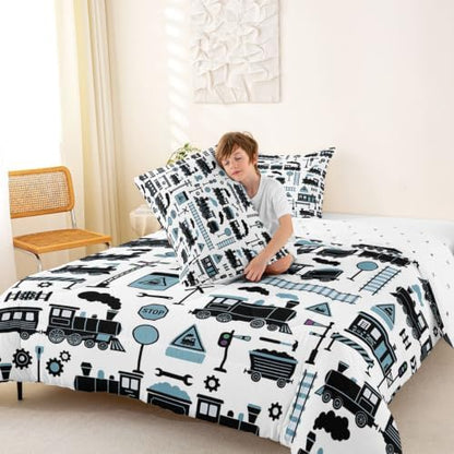 Feelyou Train Comforter Set Full Size Cartoon Car Bedding Set for Kids Boys Girls Cute Vehicle Duvet Quilt Bedroom Decor Microfiber 3 Pcs with 2 Pillow Cases