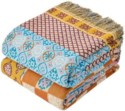 VANJOROY Boho Throw Blanket, 100% Organic Cotton Breathable Skin-Friendly Ultra Soft 80" x 90" Bed Quilt Patchwork Throw - Floral Rustic Luxury Reversible Blanket for Sofa Couch Chair and Gift,