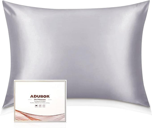 Adubor 100% Silk Pillowcase - Mulberry Silk Pillow Cases, 22 Momme 6A Grade Fibers, Silk Pillow Case for Hair and Skin Health, with Hidden Zipper (Standard 20''×26'', Silver Gray, 1PC)