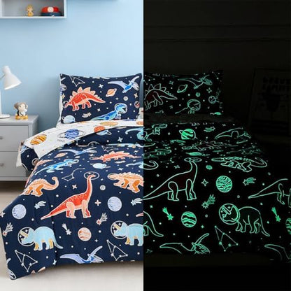 Holawakaka Glow in The Dark Space Dinosaur Kid Twin Comforter Set 5-Pieces