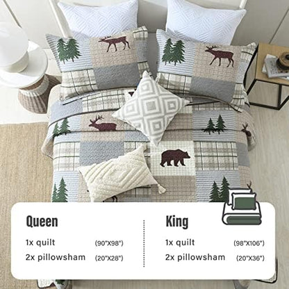 Y-PLWOMEN 100% Cotton King Size Quilt Farmhouse Plaid 3-Pieces Bedding