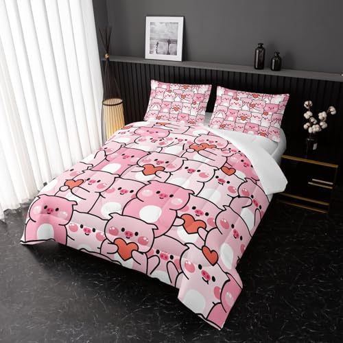 Pink Pig Comforter Set Twin，Kawaii Pink Cute Animals Bedding Set for Kids Boys Girls Teens Room Decor Kawaii Animals Comforter Set Farmhouse Wildlife Theme Bedroom Living Room Decor，All Season