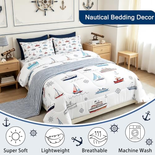 Nautical Sailboat Comforter Set Full Size,Sea Transportation Ships Bedding Set 3Pcs,Boat Anchor Rudder Print Quilt Set,Kids Boys Girls Teens Room Decor,Blue Red White Duvet Insert,2 Pillowcases
