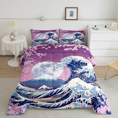 Homewish Japanese Cherry Blossoms Comforter Set Queen Size Fuji Mountain Bedding Set 3pcs for Girls Boys Teens Kids Bedroom Decor Ukiyoe Sea Wave Quilt Set Exotic Blue Pink Duvet Insert,2 Pillowcases
