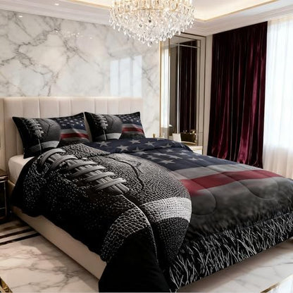Boys American Flag and Football King Size Comforter Set,Kids Sports Gaming Decor All Season Bedding Set,Teens Retro Style Comforter,Young Man Gray Red and Navy Decor Quilt Set Bedroom Collection 3Pcs