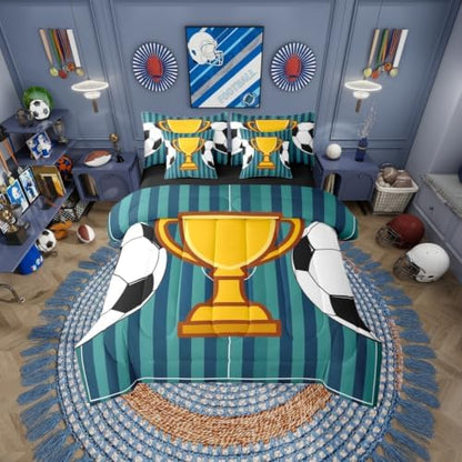 Erosebridal Boys Kids Navy Blue Football Gaming King 7-Piece Comforter Set | Playground Soccer Geometric Sheets and Pillowcases Striped Bed in A Bag Ball Games Bed Sets