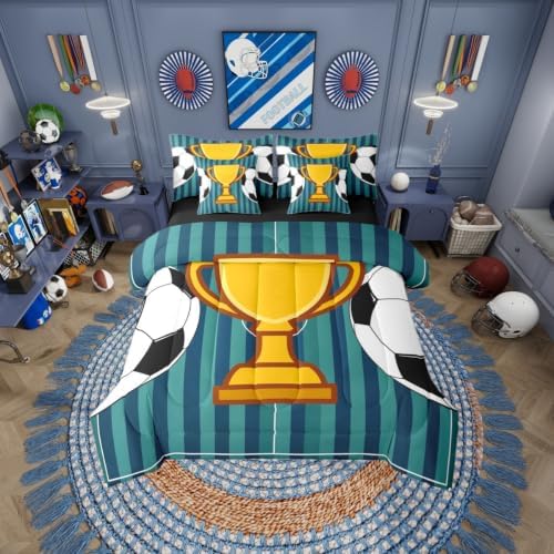 Erosebridal Boys Kids Navy Blue Football Gaming 7 Piece Bedding Set Twin | Playground Soccer Geometric Comforter Set with Sheets Striped Bed in A Bag Ball Games Bed Sets