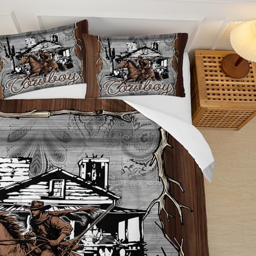 Brown Western Cowboy Comforters Queen Size，Boys Full Size Bedding Set Cowboy Themed，with 1 Comforter with 2 Pillow Case，Western Bedroom Decor for Boys Men Kids