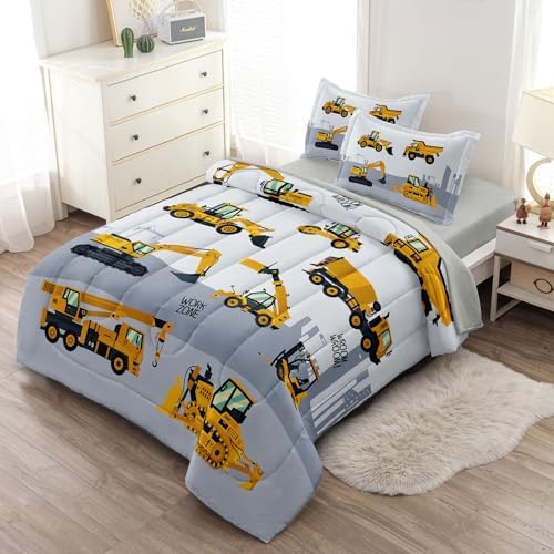 4-Pcs Engineering Vehicle Twin Size Bedding Set for Kids Boys, Grey