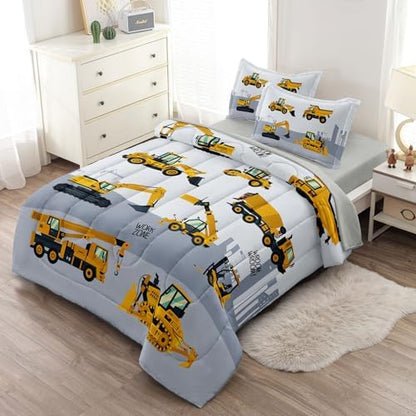 4-Pcs Engineering Vehicle Twin Size Bedding Set for Kids Boys, Grey