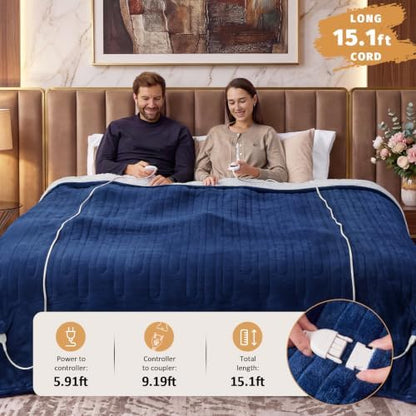 Heated Electric Blanket King Size, Dual Control 90" x 100",Navy Blue