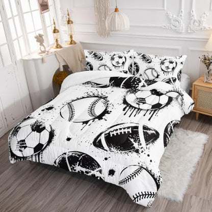 Axolotl Ball Sports Comforter Set King,Football Soccer Bedding for Boys,Football Baseball Game Comforter,Baseball Sport Bedding,Hip Hop Graffiti Artwork Bed Set for Kids Men,1 Quilt 2 Pillowcases