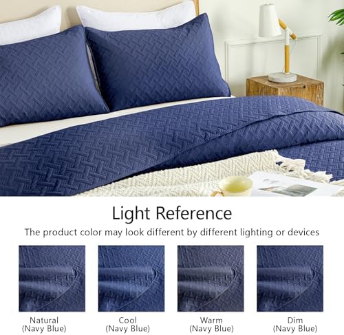 FLYMME Quilts Queen Size - Ultra Soft Navy Blue Quilt Lightweight Microfiber Bedspreads, Classic Basket Weave Pattern Bedspread Bed Coverlet 3 Pieces for All-Season (1 Quilt, 2 Pillow Shams)