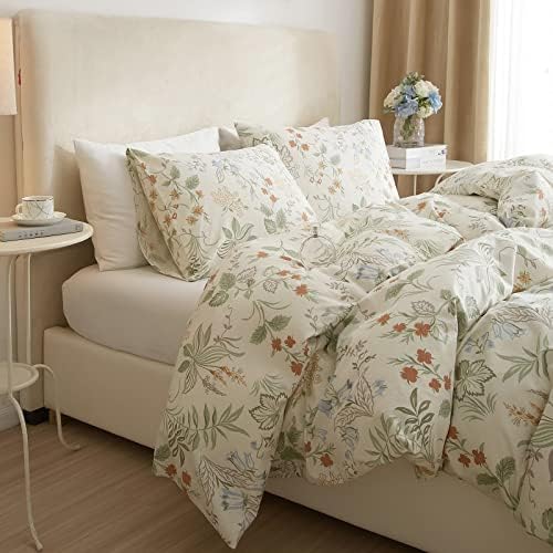 mixinni Floral Duvet Covers Queen Size Botanical Flower Leaf Printed on White Bedding Duvet Cover Set with Zipper Closure Ties for Him and Her 1 Duvet Cover with 2 Pillowcases-(3pcs, Queen Size)