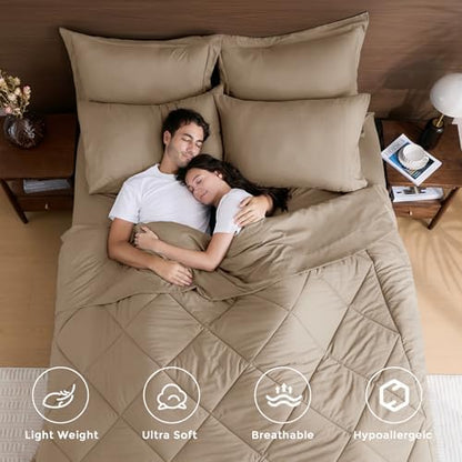 HEVUMYI 7-Piece Queen Comforter Set, Khaki Bed in a Bag