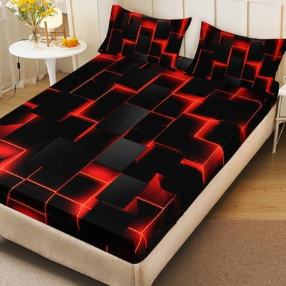 HOSIMA Red Black Geometric Bedding Sets Full,1 Fitted Sheet+2 Pillowcases.
