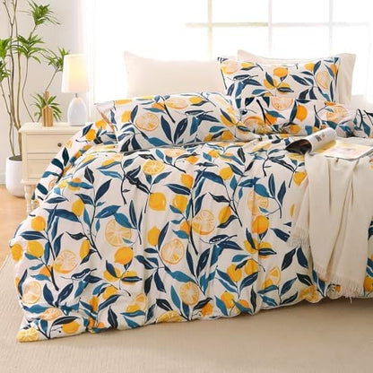 MUXHOMO Lemon Blossom Bed in a Bag Queen 7 Pieces, Queen Comforter Set Reversible Botanical Flowers Design, Ultra Soft & Breathable Bedding Sets with Comforter, Sheets, Pillowcases & Shams
