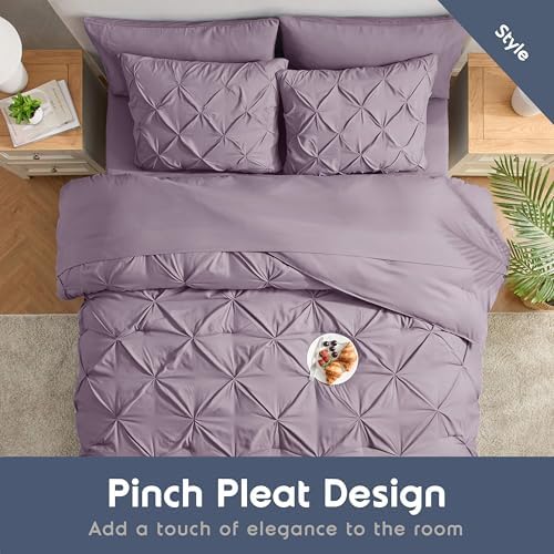 Nestl 9 Piece King Comforter Set – Dusty Purple Pinch Pleated Bed in a Bag – Complete King Size Bedding Set with Sheets, Set of 2 Cooling Pillows, Pillowcases and Shams